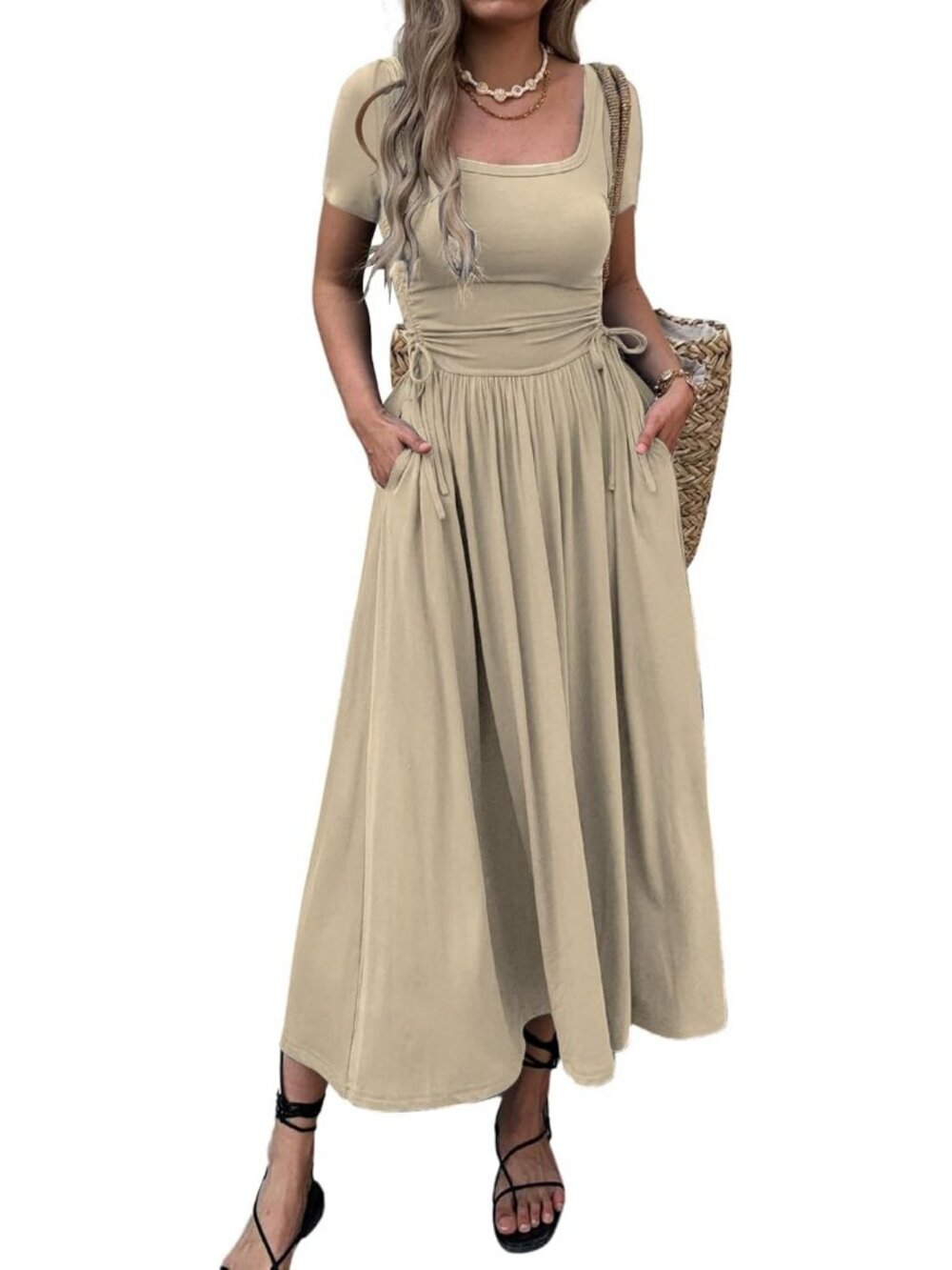 Women's Short Sleeve Maxi Dress - Bodycon Fit, Adjustable Waist, Flowy Hem